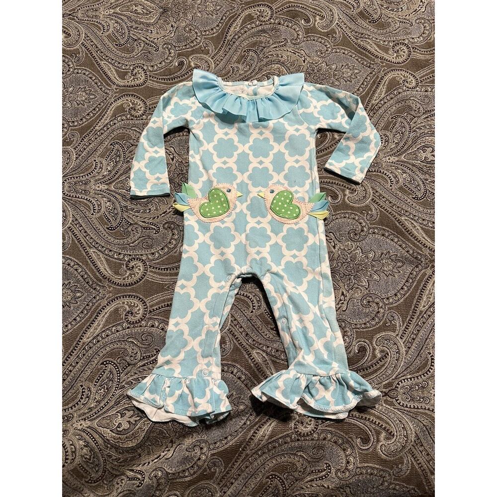 Mudpie Blue/White Bird Pockets Appliqué Ruffled Cotton Knit Coverall 6-9 M